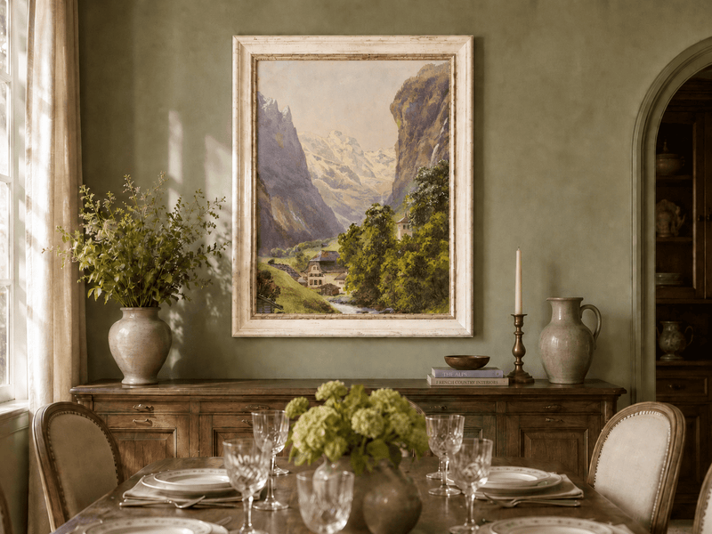 Landscape Oil Painting - Alpine Village and Snowy Mountain Stream