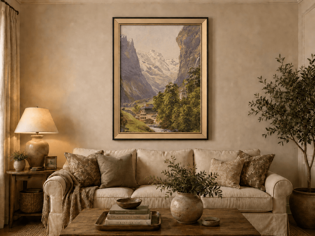 Landscape Oil Painting - Alpine Village and Snowy Mountain Stream