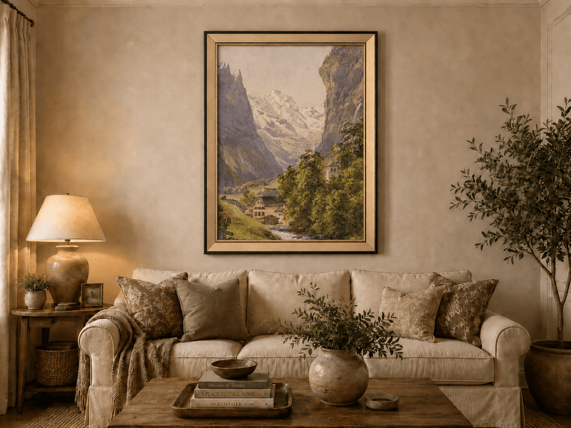 Landscape Oil Painting - Alpine Village and Snowy Mountain Stream