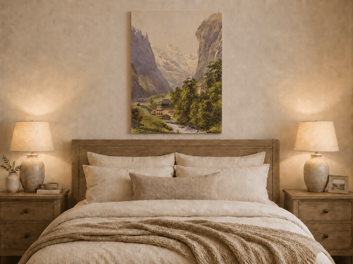 Landscape Oil Painting - Alpine Village and Snowy Mountain Stream