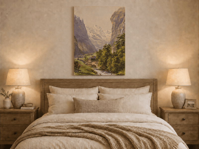 Landscape Oil Painting - Alpine Village and Snowy Mountain Stream