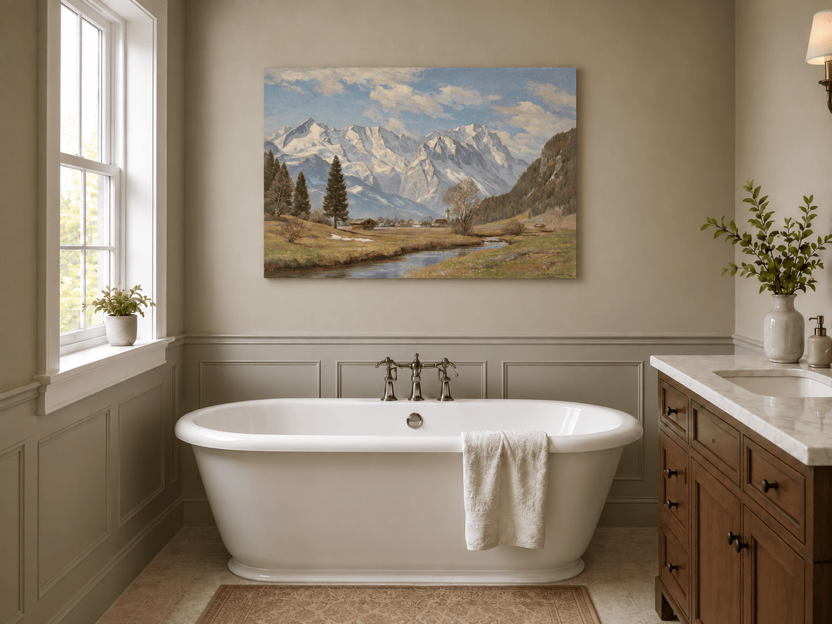 Landscape Oil Painting - Alpine Village and Snowy Mountains