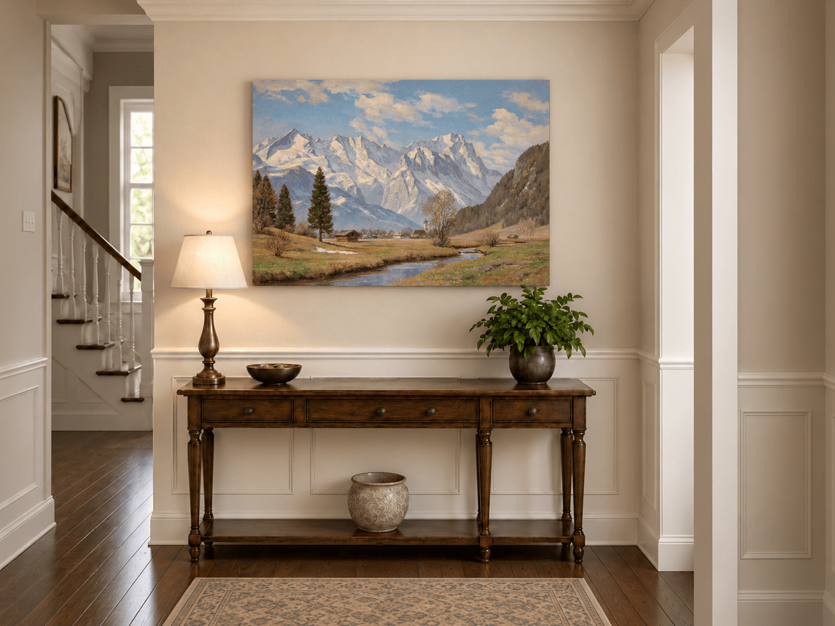 Landscape Oil Painting - Alpine Village and Snowy Mountains
