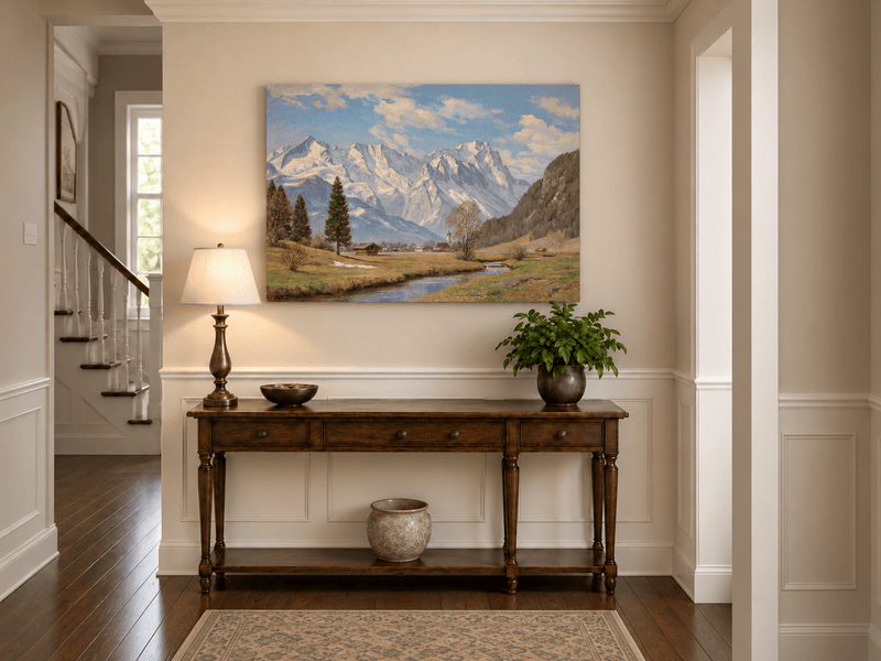 Landscape Oil Painting - Alpine Village and Snowy Mountains