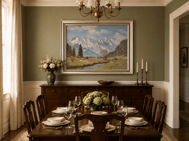 Landscape Oil Painting - Alpine Village and Snowy Mountains