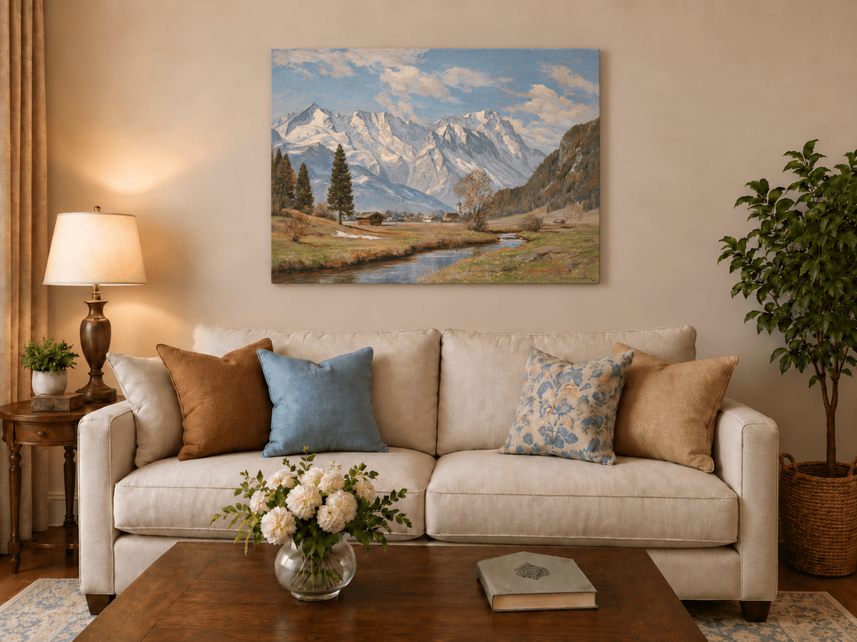 Landscape Oil Painting - Alpine Village and Snowy Mountains