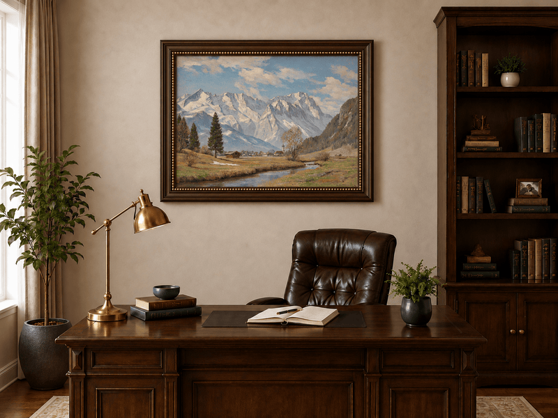 Landscape Oil Painting - Alpine Village and Snowy Mountains