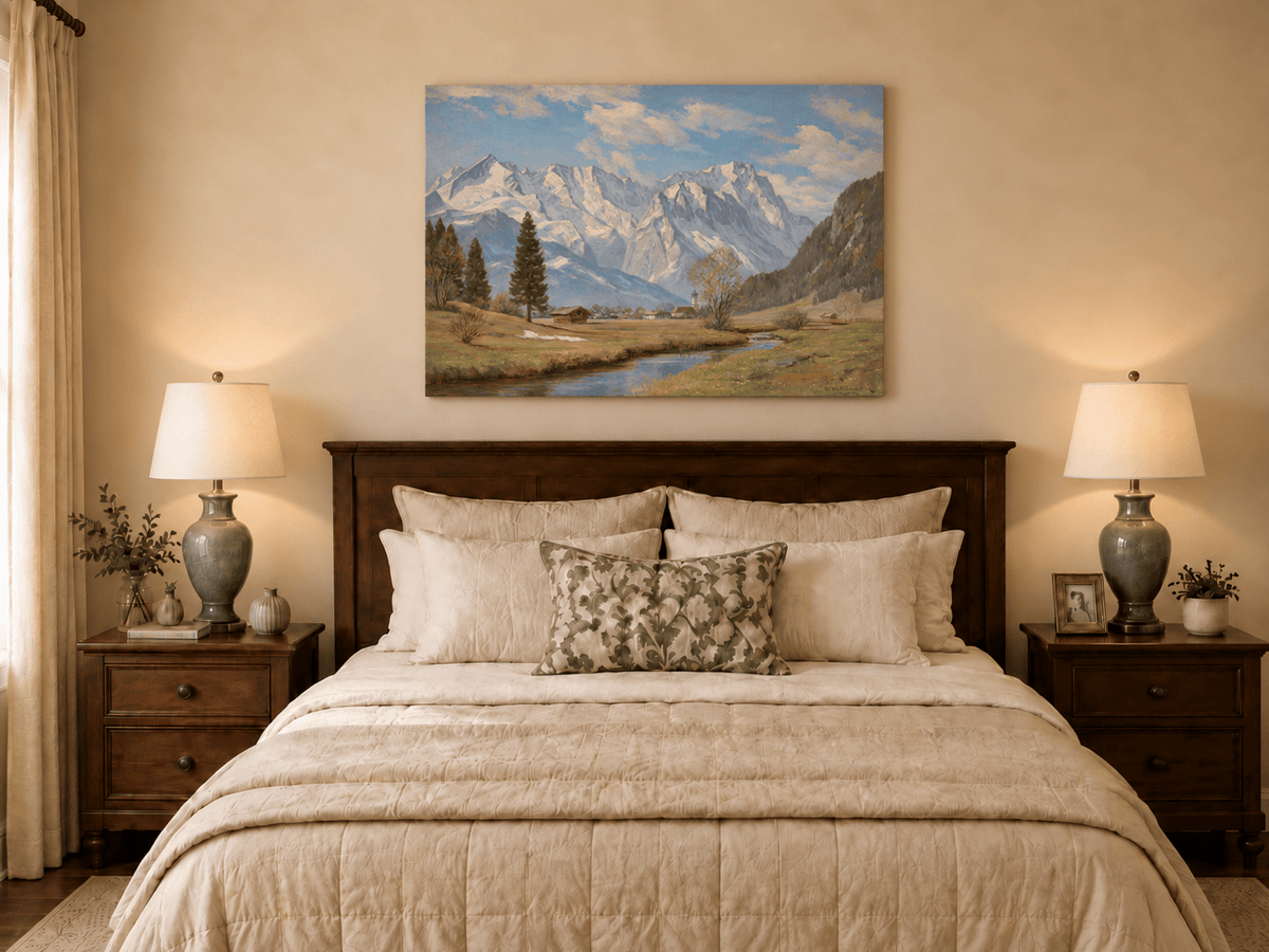 Landscape Oil Painting - Alpine Village and Snowy Mountains