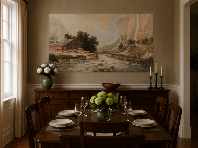 Landscape Oil Painting - Alpine Village and Waterfall Cliff View