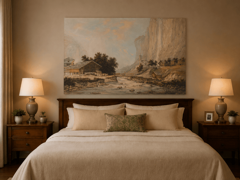 Landscape Oil Painting - Alpine Village and Waterfall Cliff View