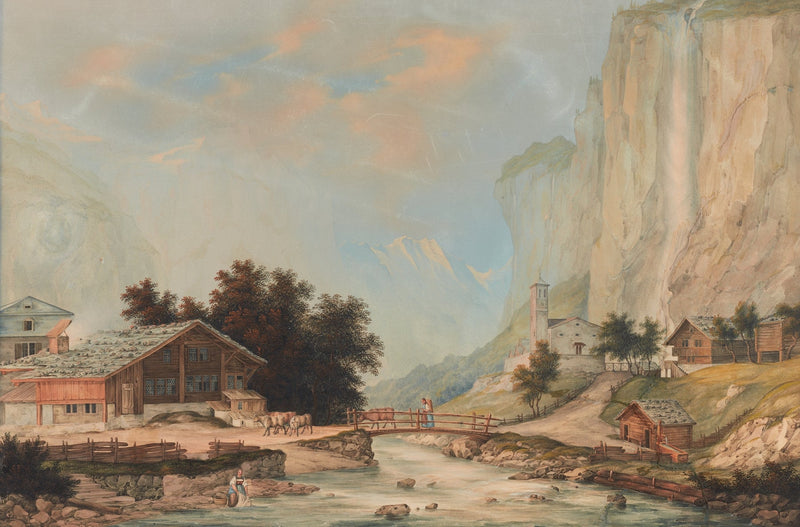 Hand-painted alpine village and waterfall cliff view landscape oil painting on canvas