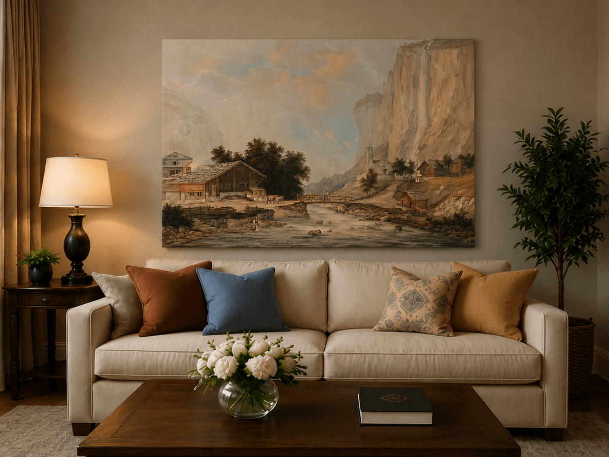 Landscape Oil Painting - Alpine Village and Waterfall Cliff View