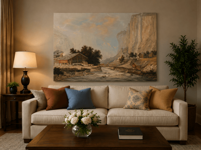 Landscape Oil Painting - Alpine Village and Waterfall Cliff View