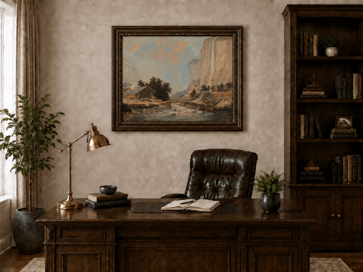 Landscape Oil Painting - Alpine Village and Waterfall Cliff View