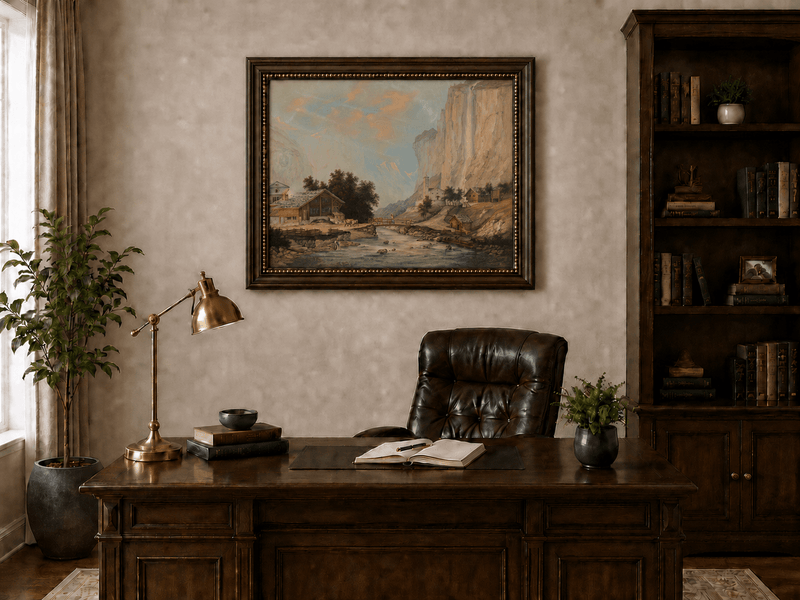 Landscape Oil Painting - Alpine Village and Waterfall Cliff View