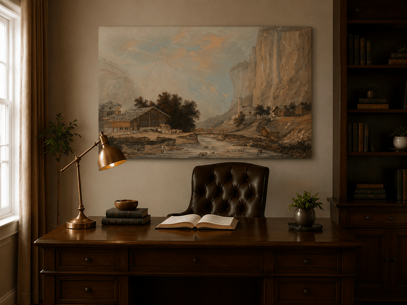 Landscape Oil Painting - Alpine Village and Waterfall Cliff View
