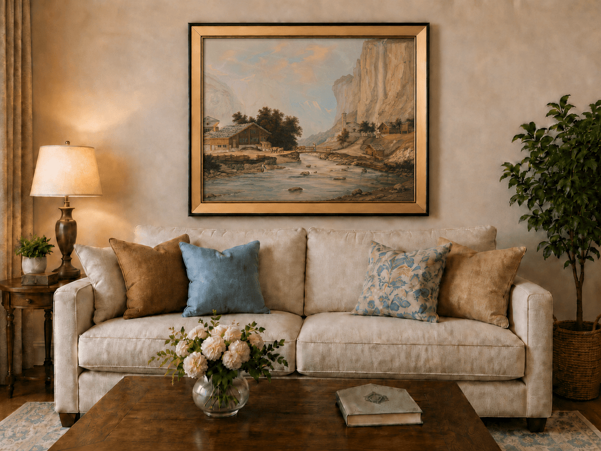 Landscape Oil Painting - Alpine Village and Waterfall Cliff View