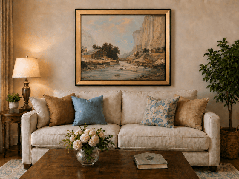 Landscape Oil Painting - Alpine Village and Waterfall Cliff View