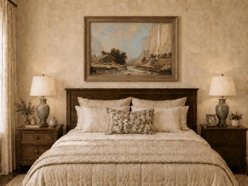 Landscape Oil Painting - Alpine Village and Waterfall Cliff View