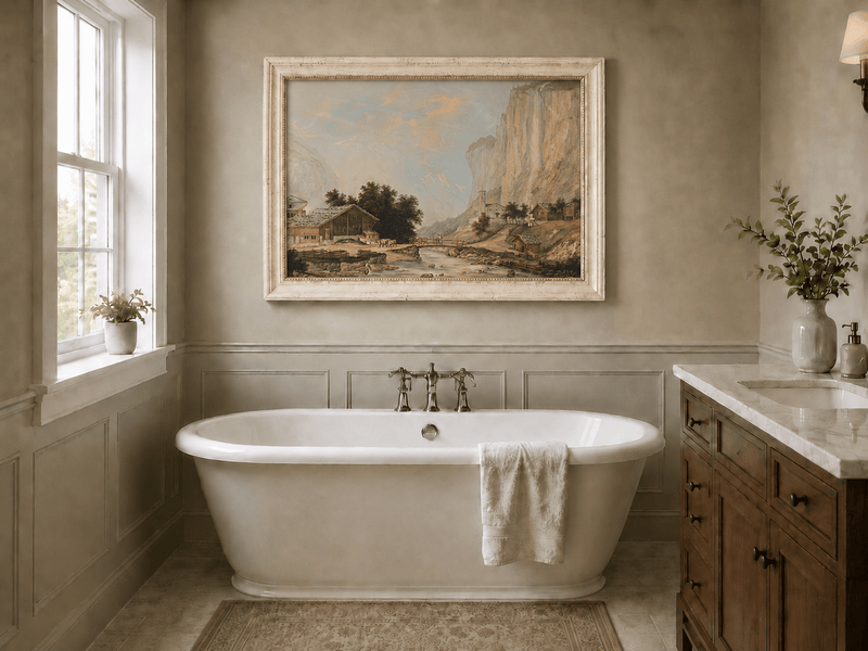 Landscape Oil Painting - Alpine Village and Waterfall Cliff View