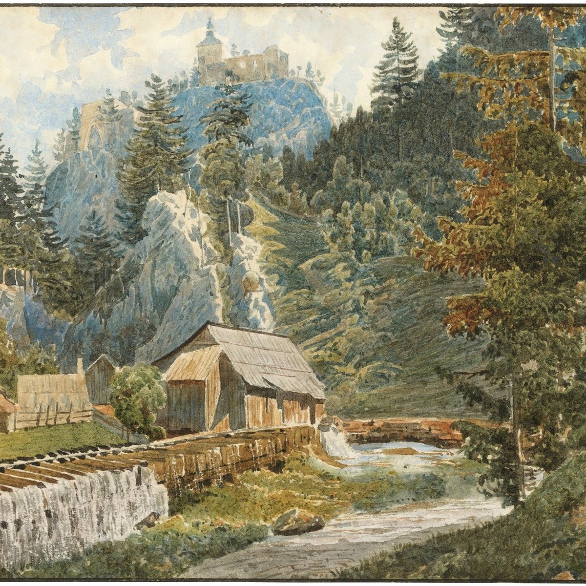 Hand painted landscape oil painting on canvas showing alpine village with watermill, mountain castle, river, and textured. - Add Frame, Alpine, Canvas, Hand Painted, Landscape, Made To Order, Mountain, Oil Painting, Village