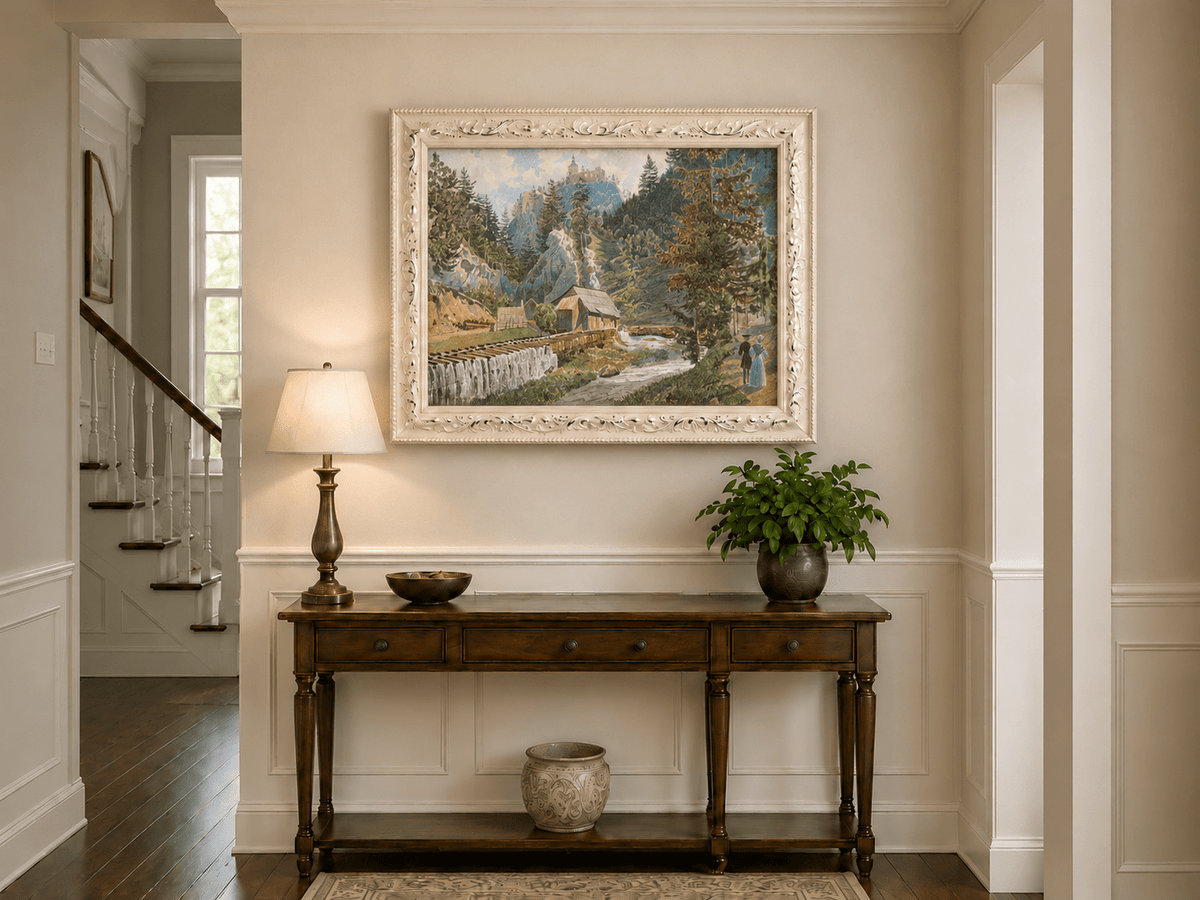 Landscape Oil Painting - Alpine Village and Watermill Scene