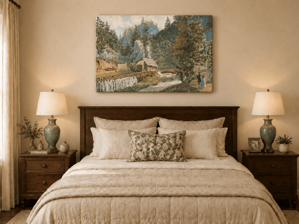 Landscape Oil Painting - Alpine Village and Watermill Scene