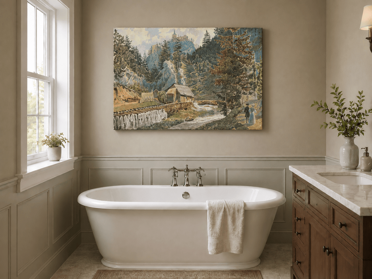 Landscape Oil Painting - Alpine Village and Watermill Scene