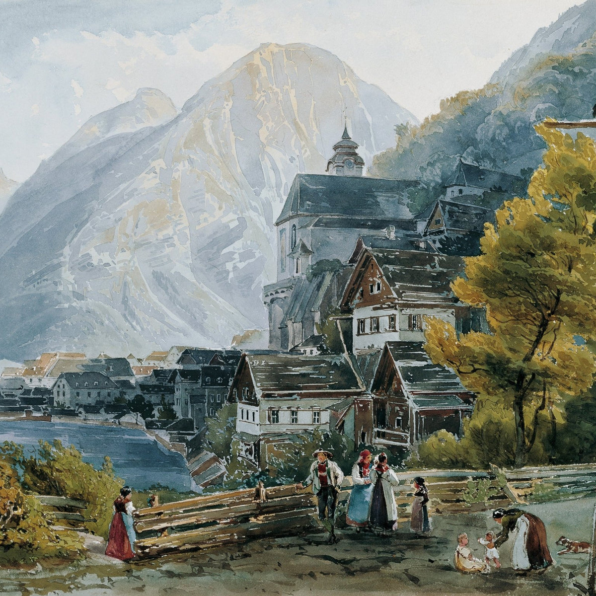 Landscape Oil Painting - Alpine Village by Lake with Figures - Oil Painting Haven