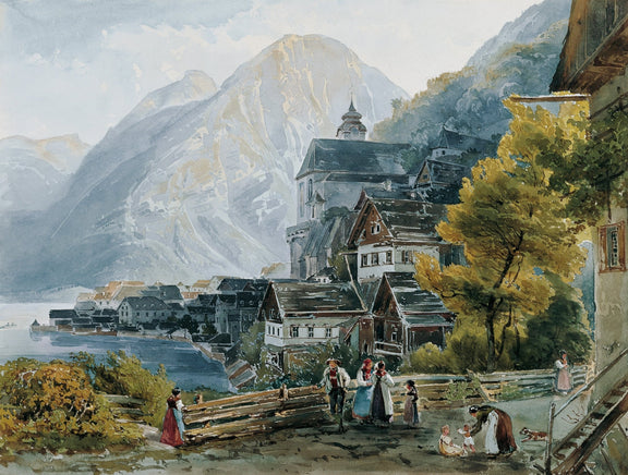 Landscape Oil Painting - Alpine Village by Lake with Figures - Oil Painting Haven
