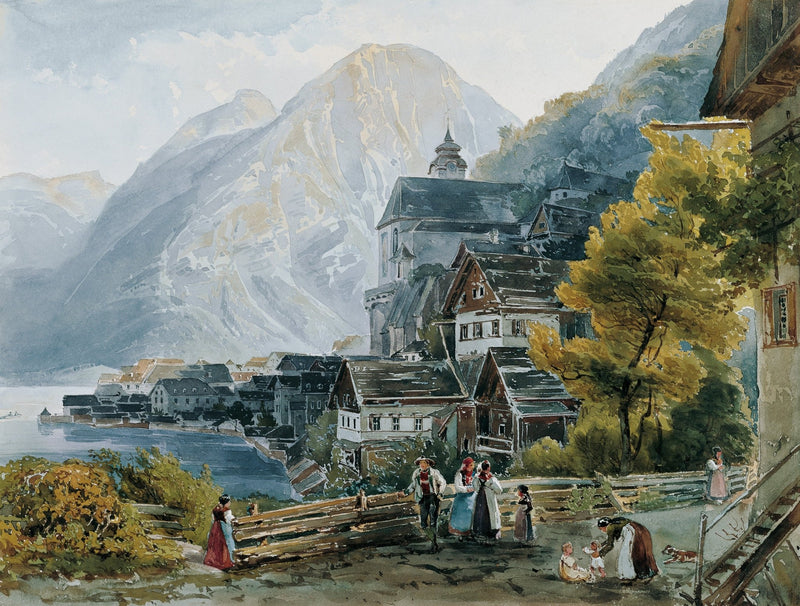 Landscape Oil Painting - Alpine Village by Lake with Figures - Oil Painting Haven