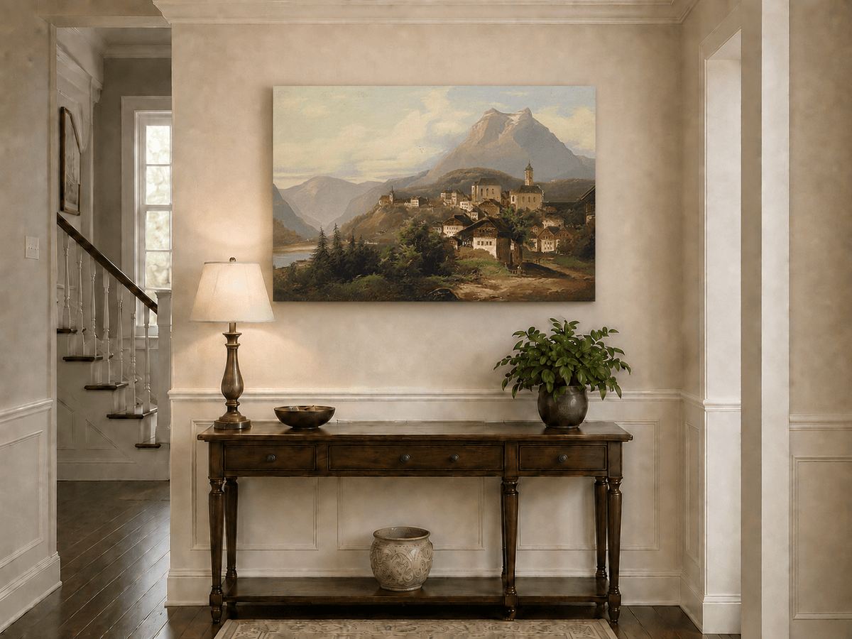 Landscape Oil Painting - Alpine Village by the Lake