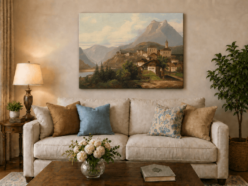 Landscape Oil Painting - Alpine Village by the Lake