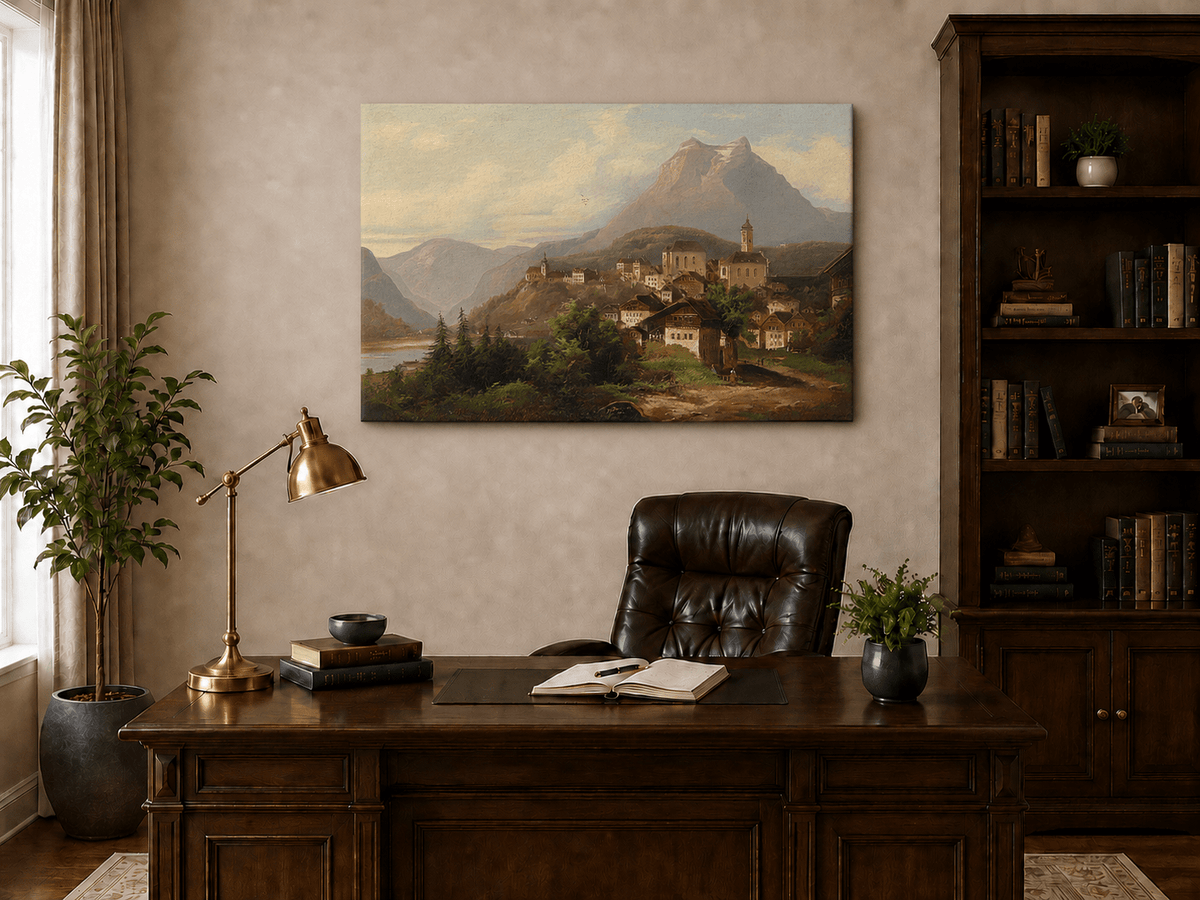 Landscape Oil Painting - Alpine Village by the Lake