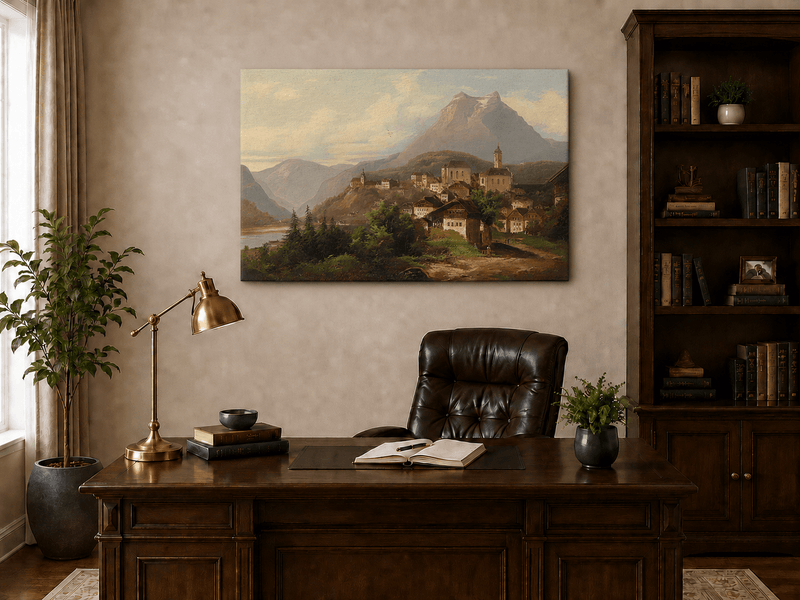 Landscape Oil Painting - Alpine Village by the Lake