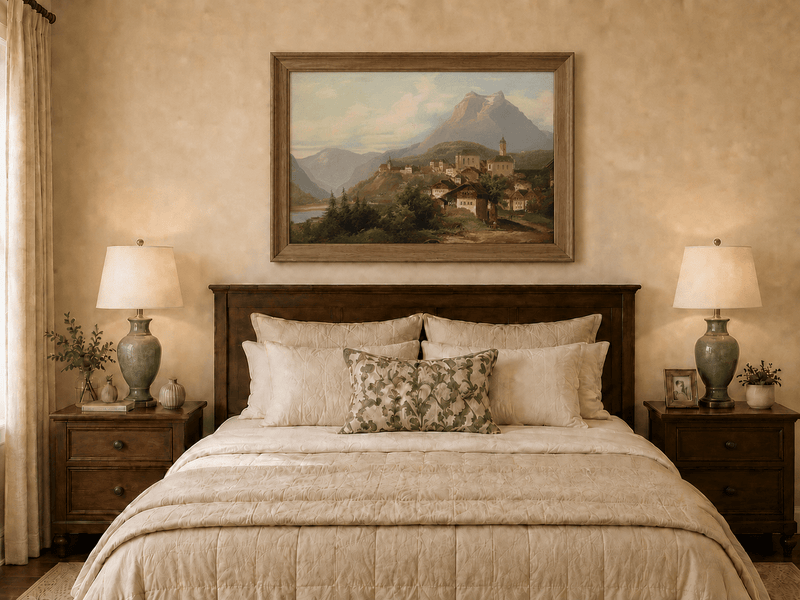Landscape Oil Painting - Alpine Village by the Lake