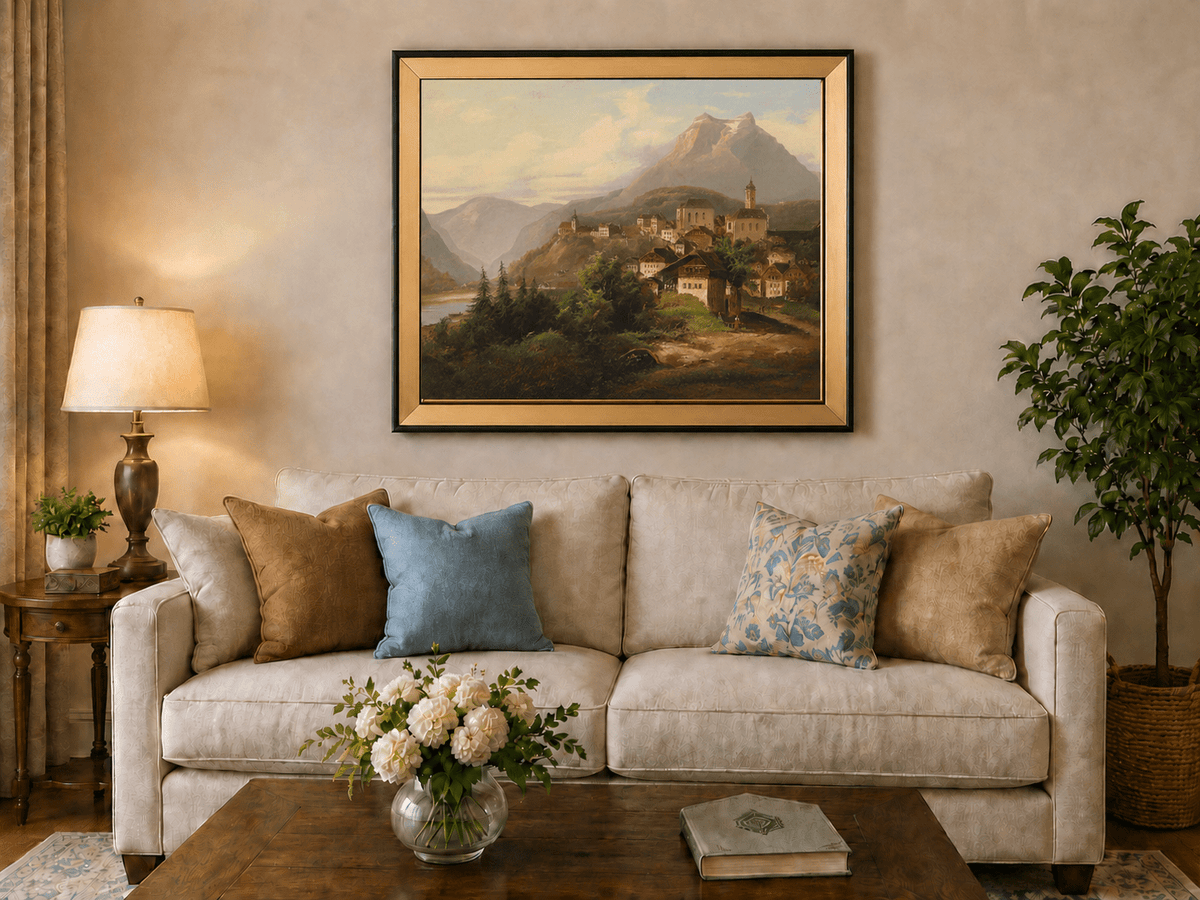 Landscape Oil Painting - Alpine Village by the Lake
