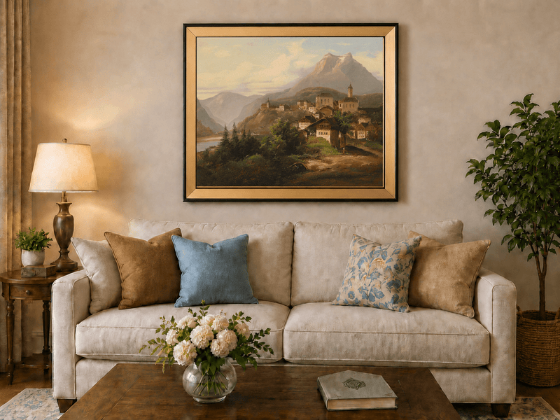 Landscape Oil Painting - Alpine Village by the Lake