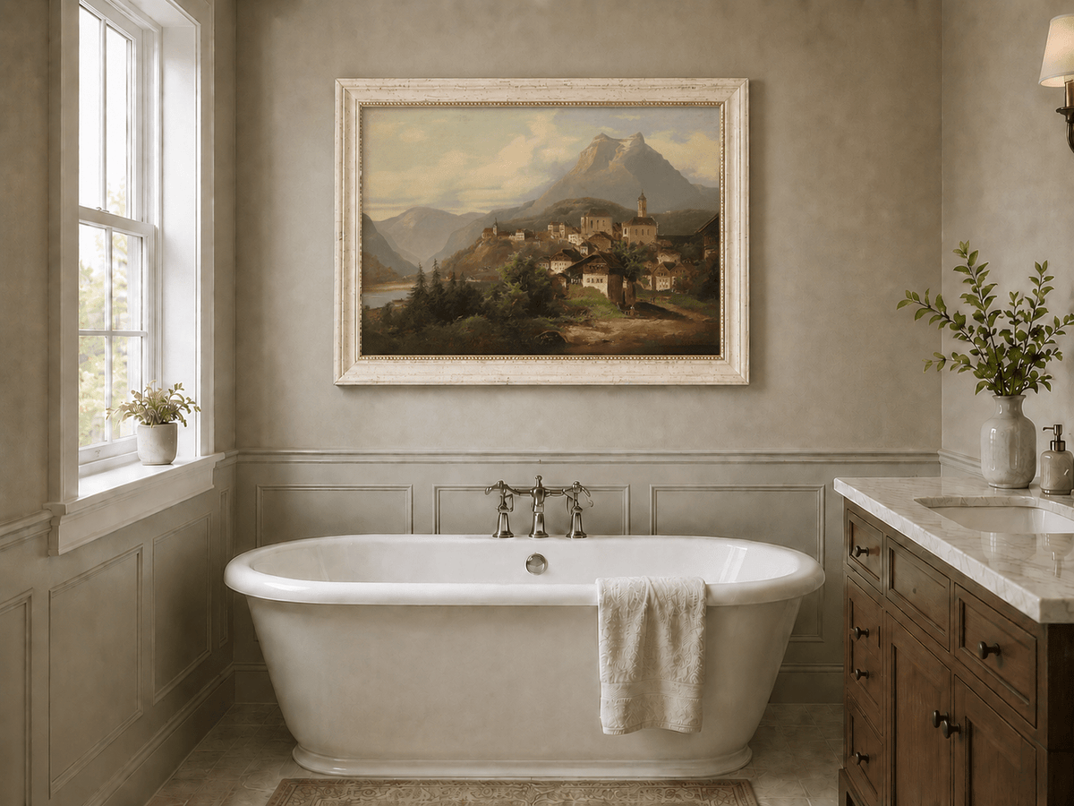 Landscape Oil Painting - Alpine Village by the Lake