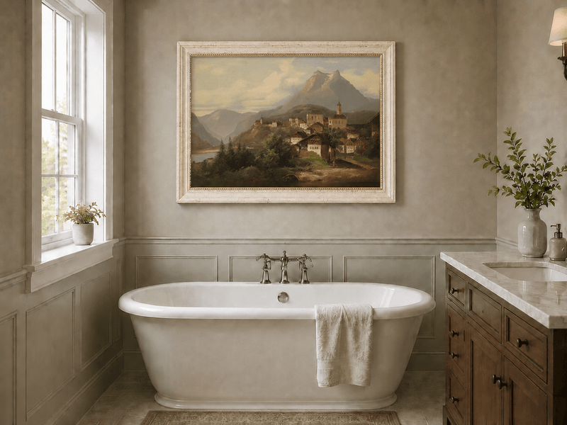 Landscape Oil Painting - Alpine Village by the Lake