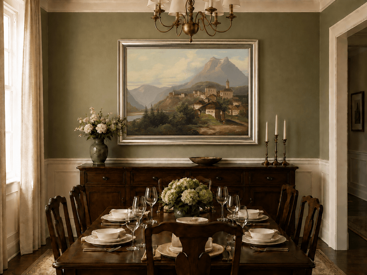 Landscape Oil Painting - Alpine Village by the Lake