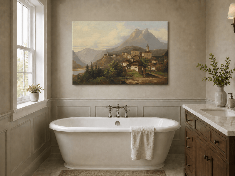 Landscape Oil Painting - Alpine Village by the Lake