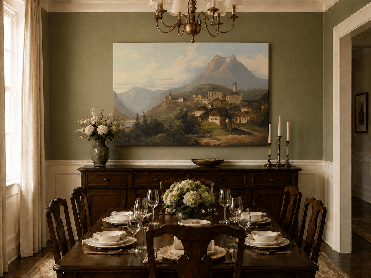 Landscape Oil Painting - Alpine Village by the Lake