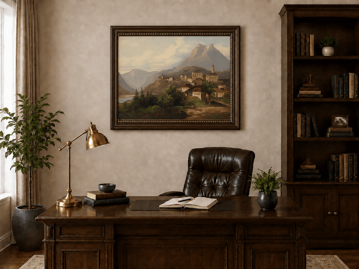 Landscape Oil Painting - Alpine Village by the Lake