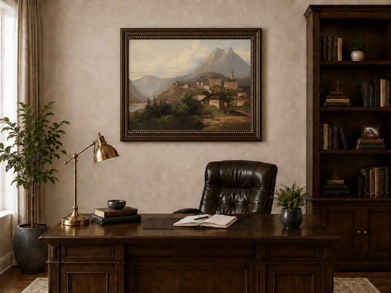 Landscape Oil Painting - Alpine Village by the Lake