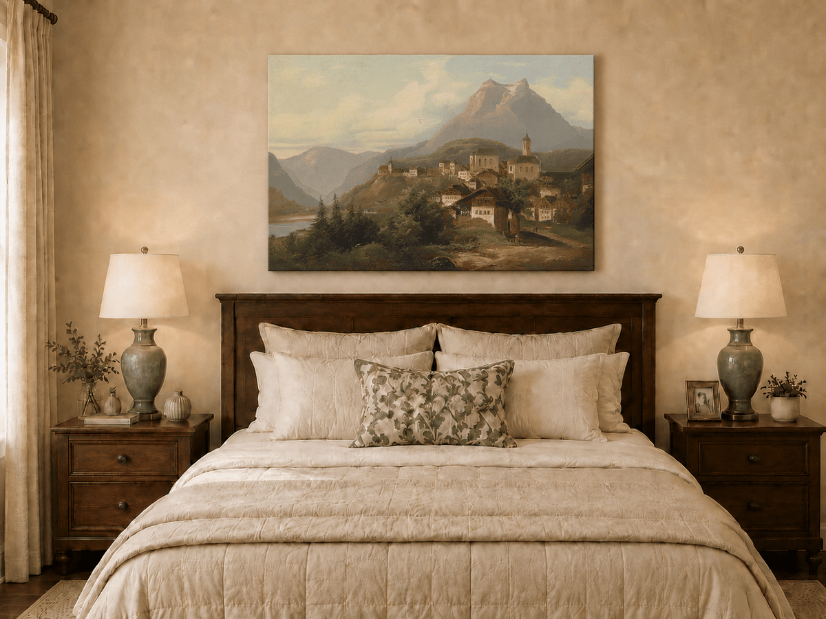 Landscape Oil Painting - Alpine Village by the Lake