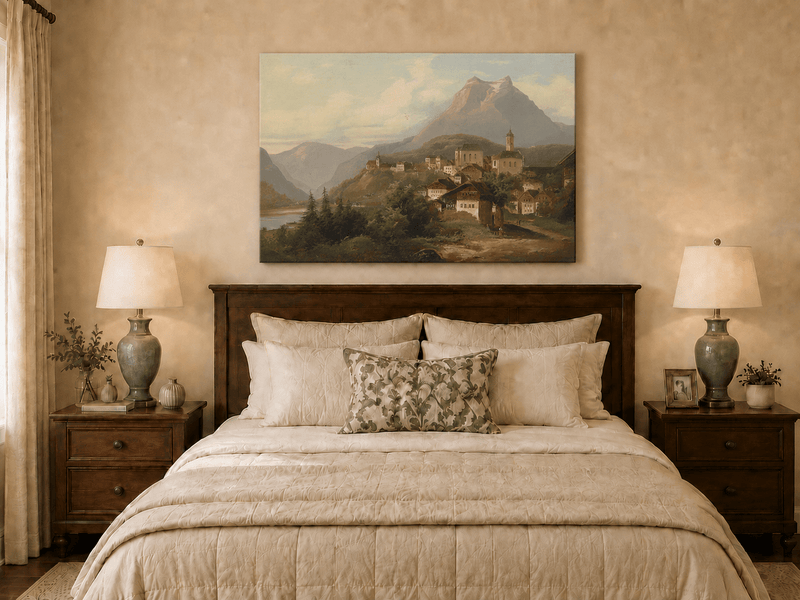 Landscape Oil Painting - Alpine Village by the Lake