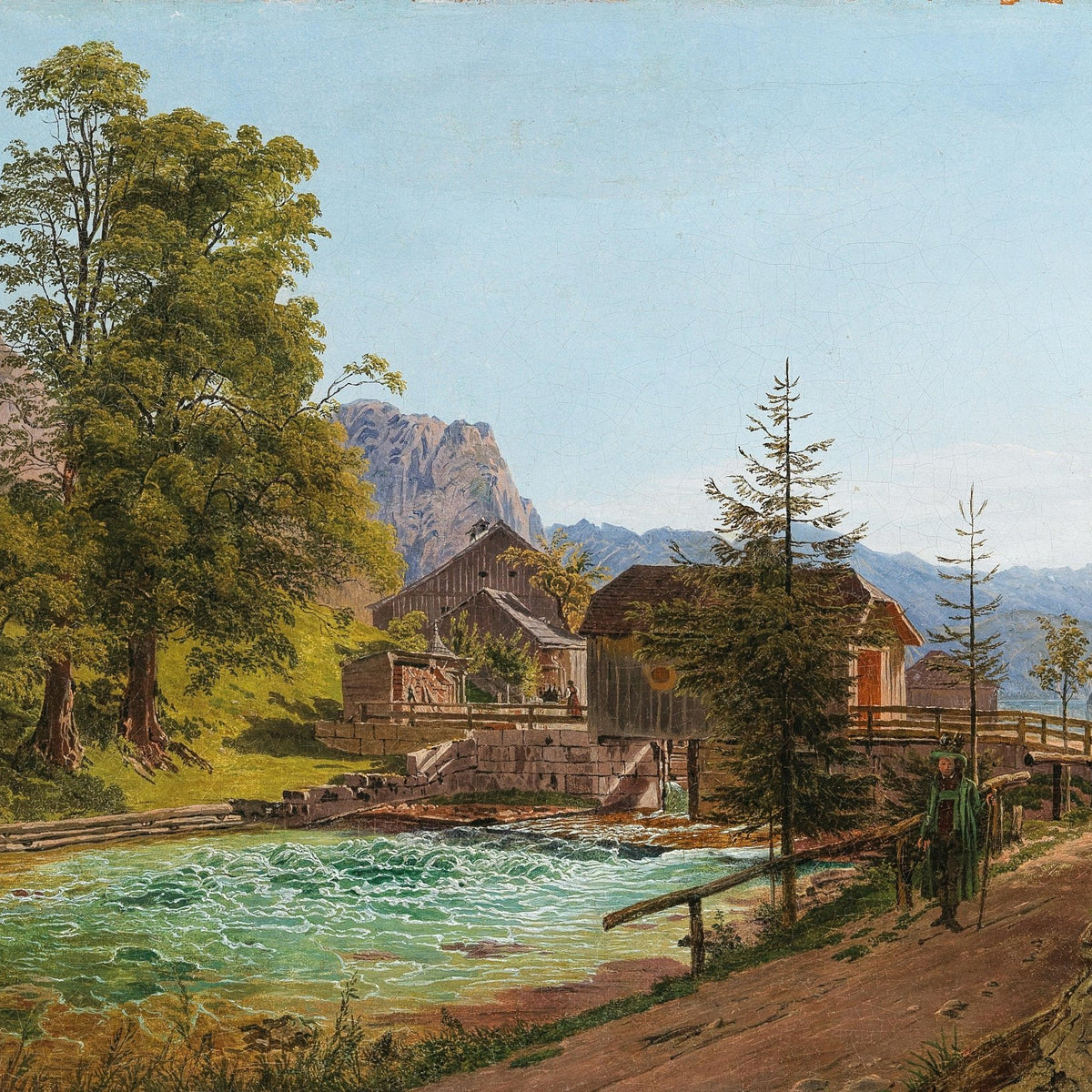 Landscape Oil Painting - Alpine Village by the River and Mountains - Oil Painting Haven
