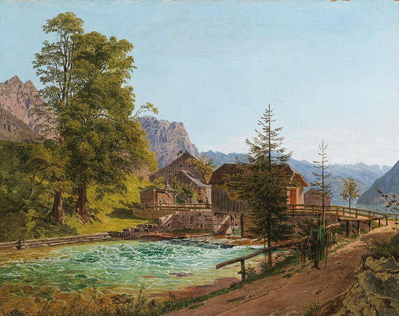 Landscape Oil Painting - Alpine Village by the River and Mountains - Oil Painting Haven