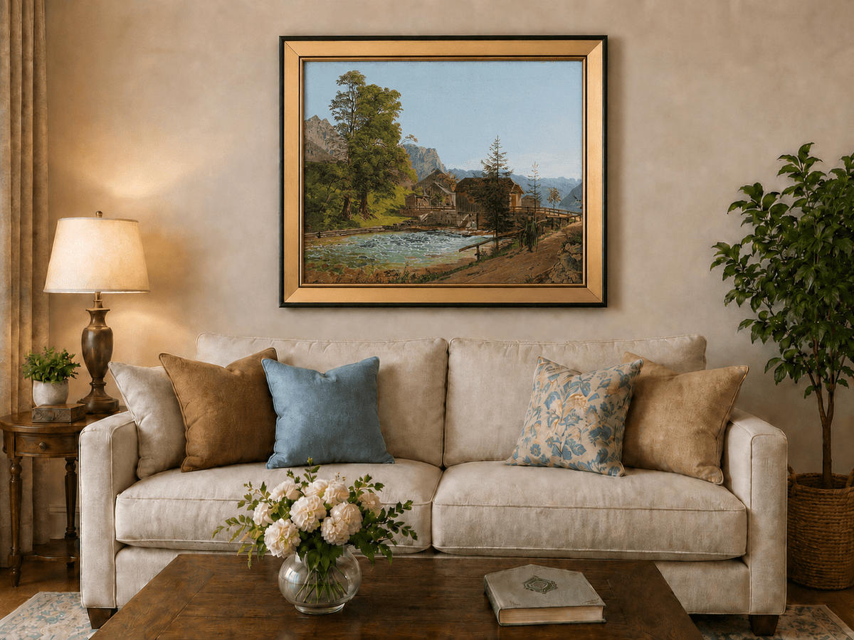 Peinture à l'huile de paysage - Gouffre rocheux spectaculaire avec personnages